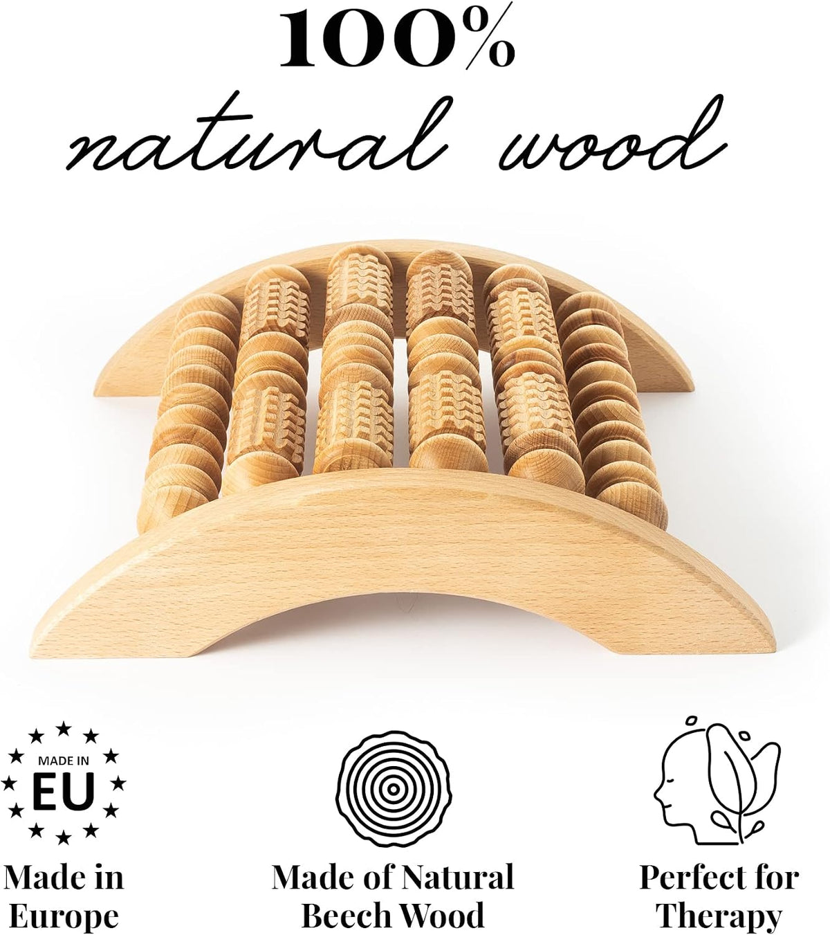 tuuli Accessories - Wooden Foot Massager, Grooved Muscle Roller, Helps Ease Muscle Tension, Supports Blood Circulation, Natural Wood Therapy Massage Tools, 8 x 2 inches
