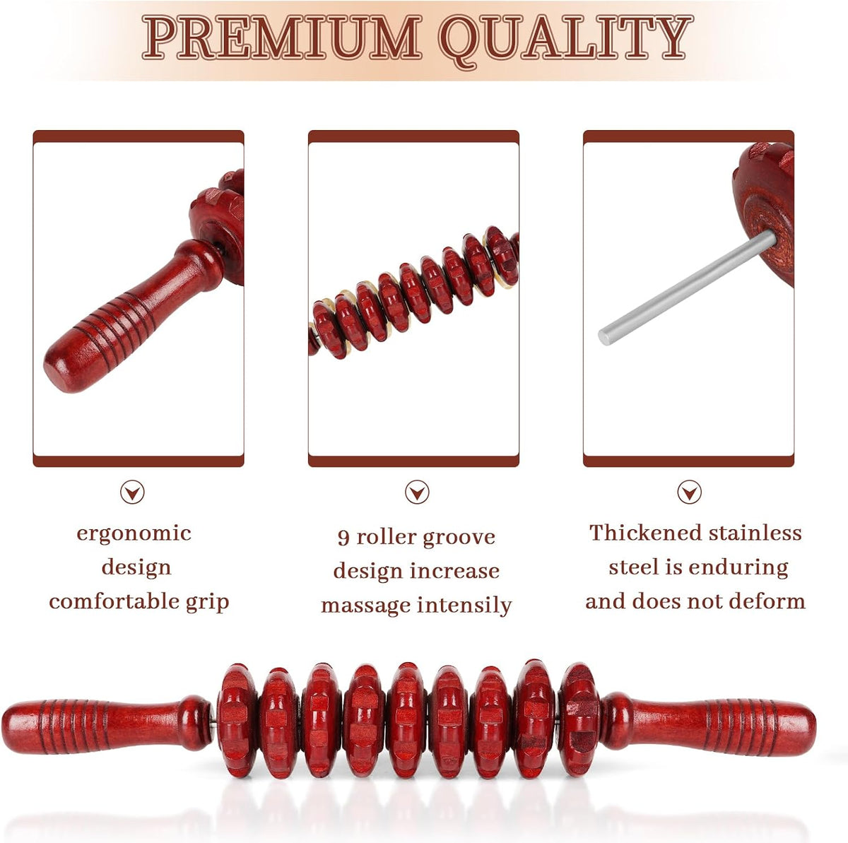 Manual Wooden Massage Roller Stick for Muscle Relief, 9‑Wheel
