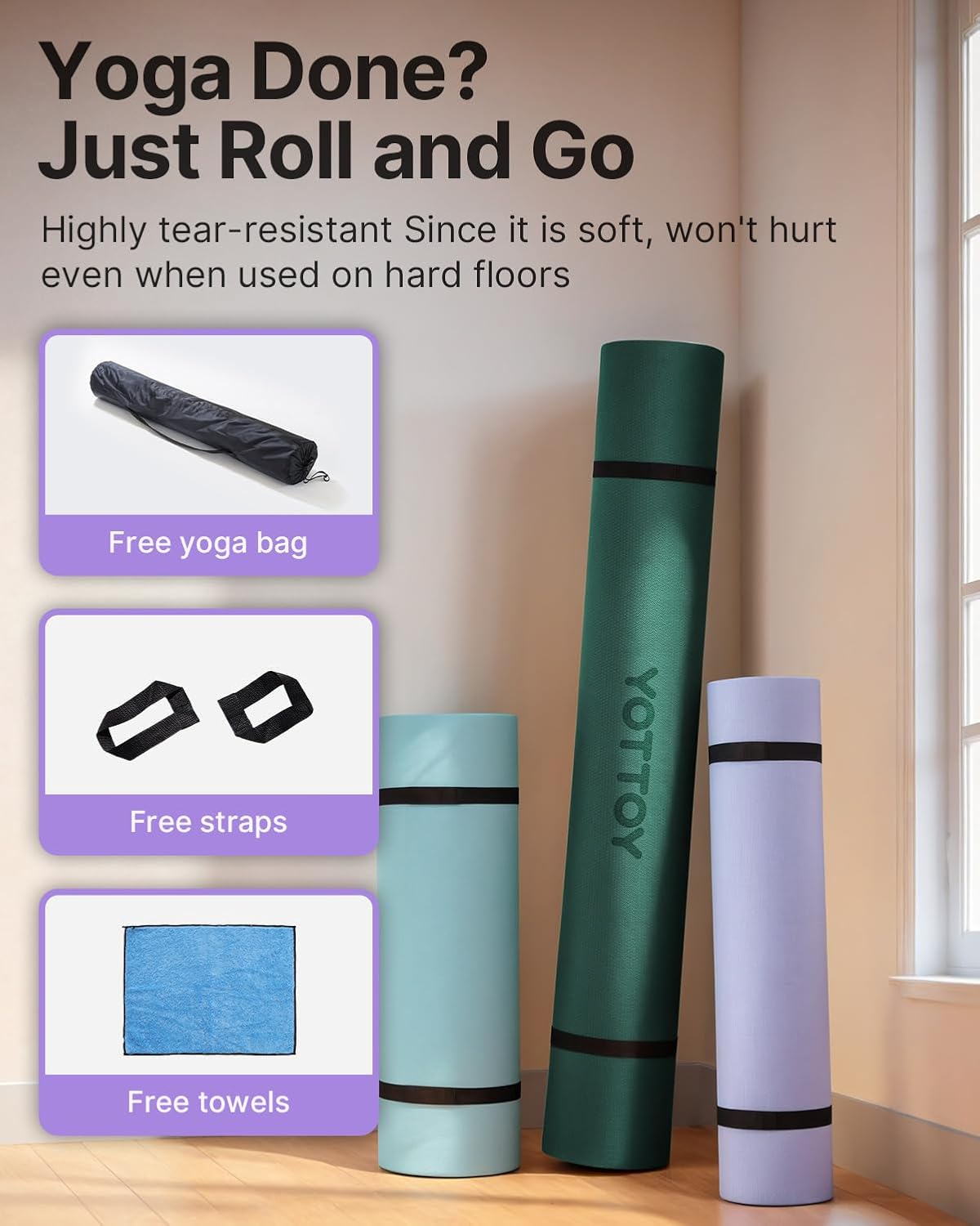 Large Yoga Mat (75 * 52 * 1/2inch),Extra Wide TPE Exercise Mat,Non-Slip Workout Mat for Pilates, Fitness, Barefoot, Home Gym Studio with Strap and Towel