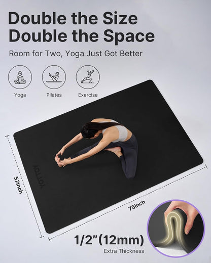 Large Yoga Mat (75 * 52 * 1/2inch),Extra Wide TPE Exercise Mat,Non-Slip Workout Mat for Pilates, Fitness, Barefoot, Home Gym Studio with Strap and Towel