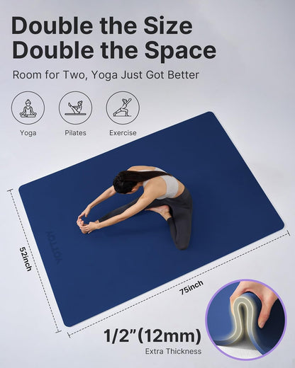 Large Yoga Mat (75 * 52 * 1/2inch),Extra Wide TPE Exercise Mat,Non-Slip Workout Mat for Pilates, Fitness, Barefoot, Home Gym Studio with Strap and Towel