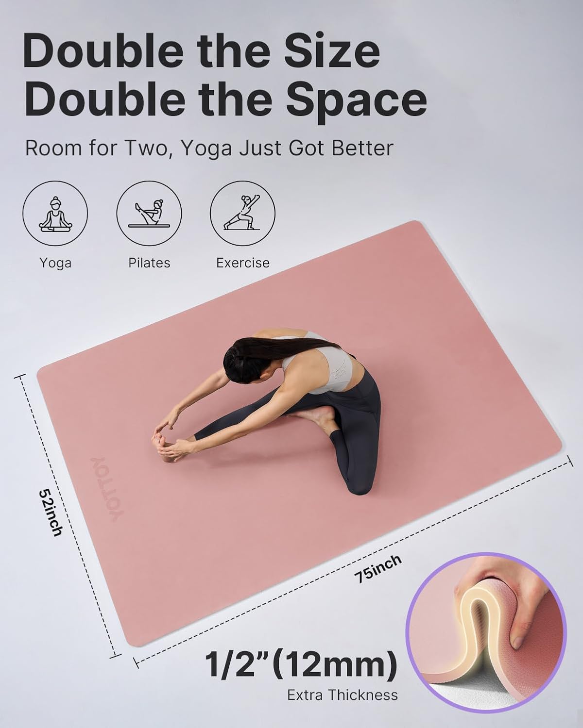 Large Yoga Mat (75 * 52 * 1/2inch),Extra Wide TPE Exercise Mat,Non-Slip Workout Mat for Pilates, Fitness, Barefoot, Home Gym Studio with Strap and Towel