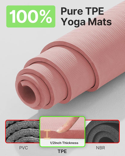Large Yoga Mat (75 * 52 * 1/2inch),Extra Wide TPE Exercise Mat,Non-Slip Workout Mat for Pilates, Fitness, Barefoot, Home Gym Studio with Strap and Towel