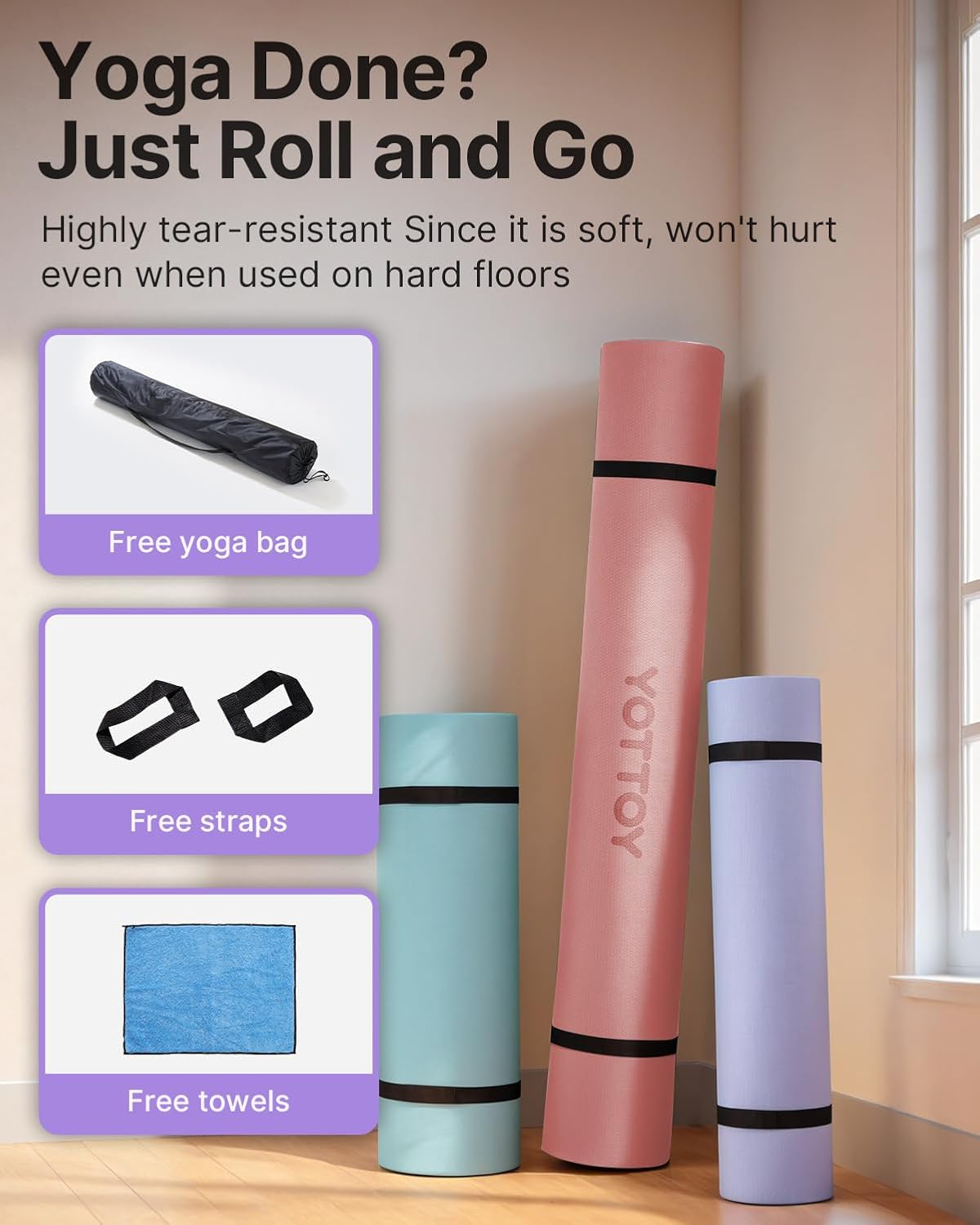 Large Yoga Mat (75 * 52 * 1/2inch),Extra Wide TPE Exercise Mat,Non-Slip Workout Mat for Pilates, Fitness, Barefoot, Home Gym Studio with Strap and Towel