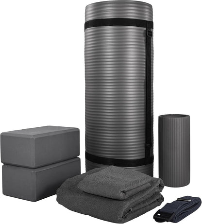 BalanceFrom 7-Piece Yoga Set with 71x24x1 Inches Extra Thick Mat and Carrying Sling – Includes 2 Blocks, Stretch Strap, 2 Towels, and Knee Pad for Home, Studio, and Gym Workouts