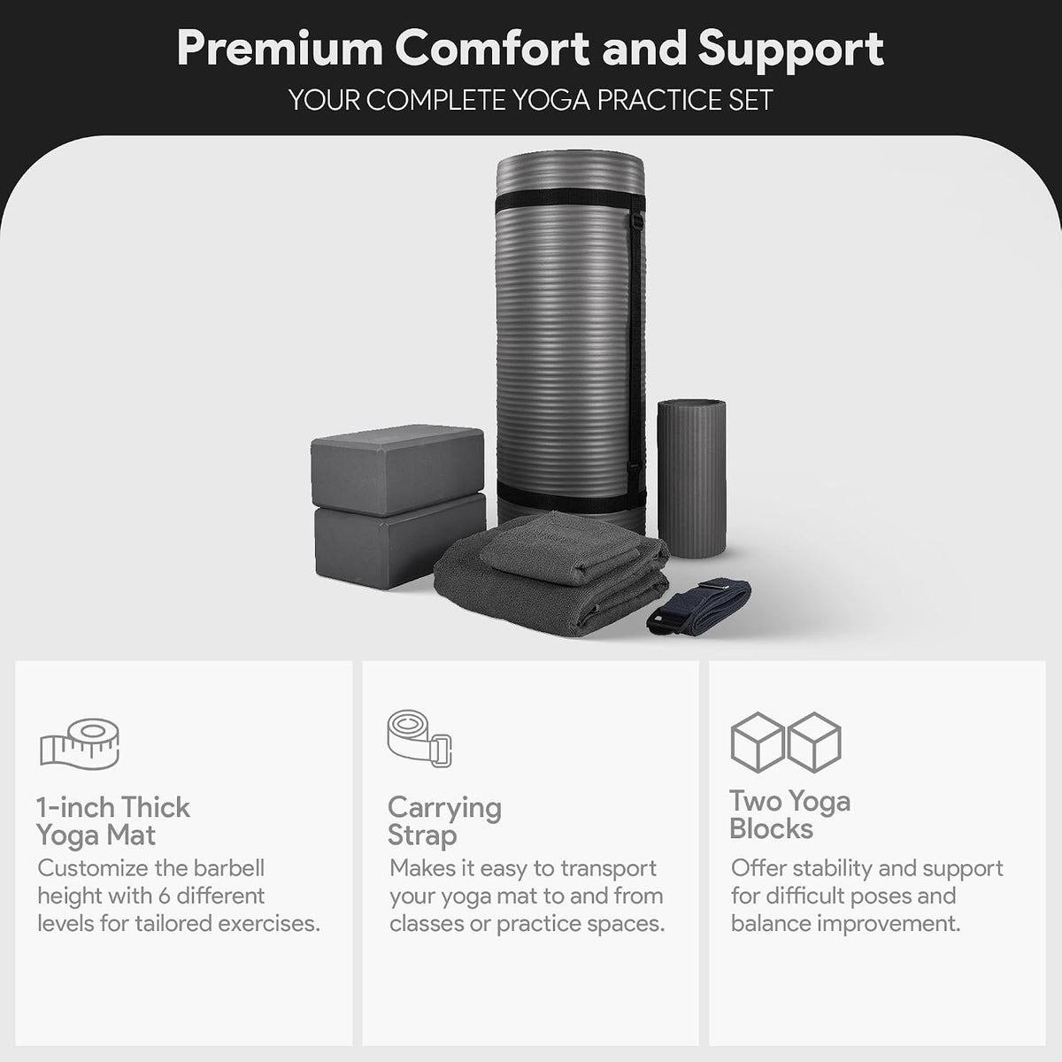 BalanceFrom 7-Piece Yoga Set with 71x24x1 Inches Extra Thick Mat and Carrying Sling – Includes 2 Blocks, Stretch Strap, 2 Towels, and Knee Pad for Home, Studio, and Gym Workouts