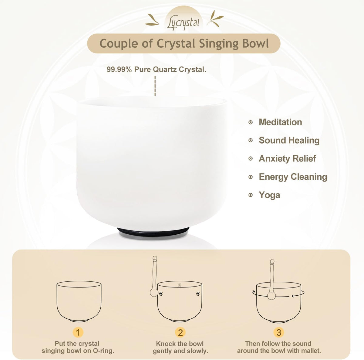 Couple of 2 PCS Yin and Yang Crystal Singing Bowl Set 8 Inch Black and 10 Inch White Mutual Attraction Bowls