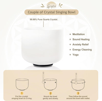 Couple of 2 PCS Yin and Yang Crystal Singing Bowl Set 8 Inch Black and 10 Inch White Mutual Attraction Bowls