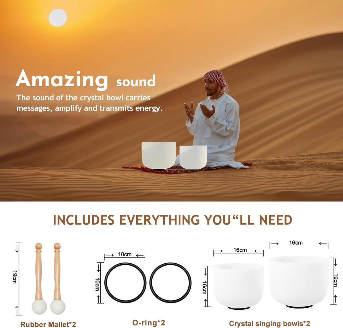 Couple of 2 PCS Yin and Yang Crystal Singing Bowl Set 8 Inch Black and 10 Inch White Mutual Attraction Bowls