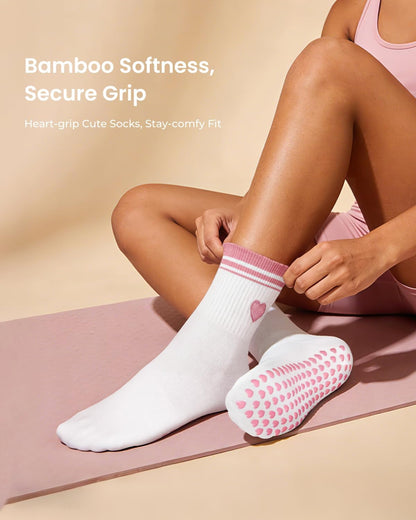 Pilates Socks with Grips for Women, Breathable Soft Non Slip Cute Yoga Socks for Studio or Home, Gift-Ready Set (3Pairs Pinkredblack)