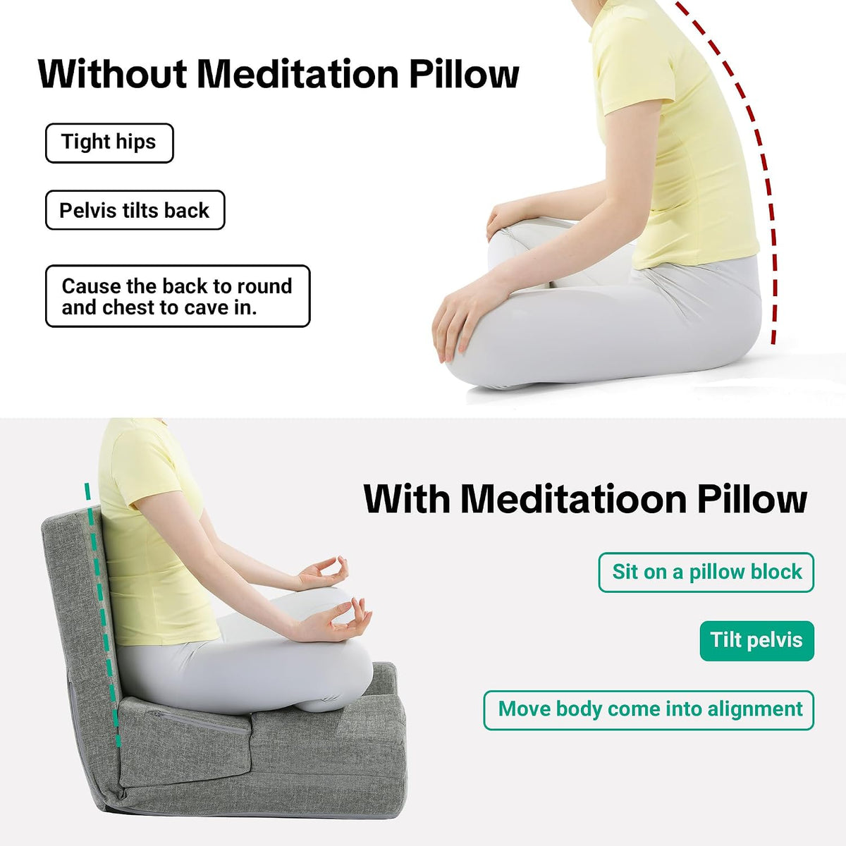 Pro Meditation Cushion Set with Adjustable Back Support, Large 3-in-1 Floor Sitting Chair for Yoga & Meditation, Extra Thick Yoga Pillows for Adults with Knee Support, Grey