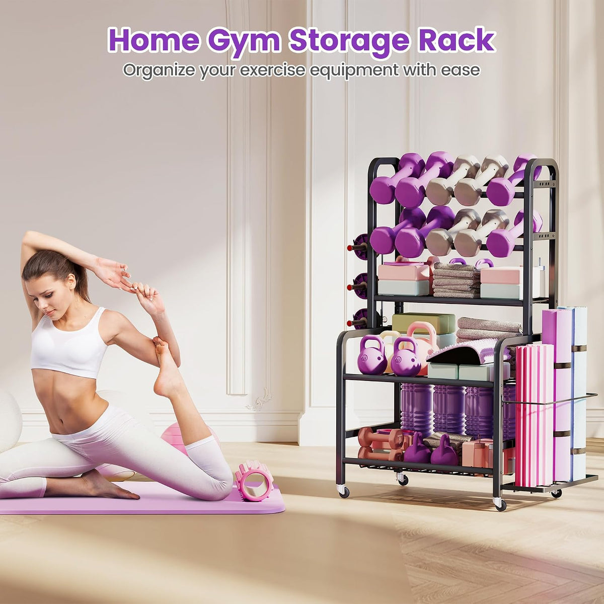 Dumbbell Rack, Weight Rack for Home Gym, Yoga Mat Storage Holder with Lockable Wheels, Dumbbell Stand with Hooks, All in One Work out Equipment Storage for Yoga Mat Dumbbell and Balls