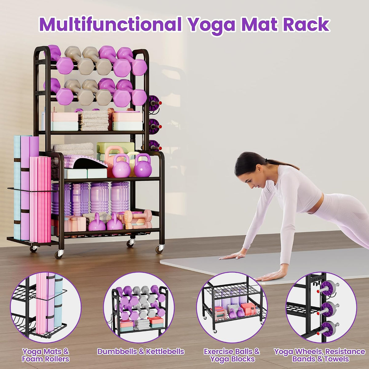 Dumbbell Rack, Weight Rack for Home Gym, Yoga Mat Storage Holder with Lockable Wheels, Dumbbell Stand with Hooks, All in One Work out Equipment Storage for Yoga Mat Dumbbell and Balls