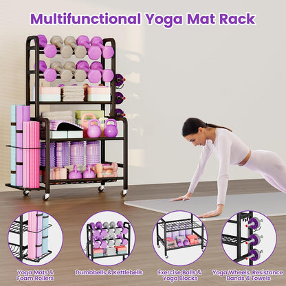 Dumbbell Rack, Weight Rack for Home Gym, Yoga Mat Storage Holder with Lockable Wheels, Dumbbell Stand with Hooks, All in One Work out Equipment Storage for Yoga Mat Dumbbell and Balls