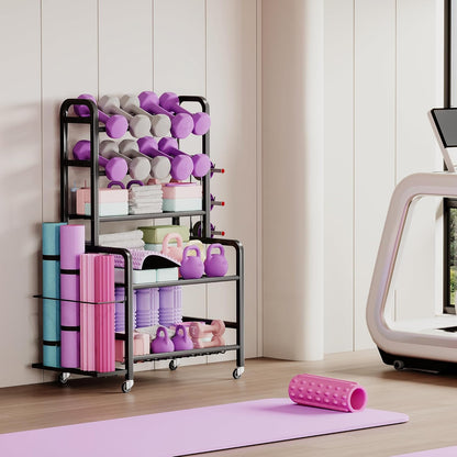 Dumbbell Rack, Weight Rack for Home Gym, Yoga Mat Storage Holder with Lockable Wheels, Dumbbell Stand with Hooks, All in One Work out Equipment Storage for Yoga Mat Dumbbell and Balls