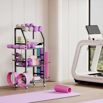 Dumbbell Rack, Weight Rack for Home Gym, Yoga Mat Storage Holder with Lockable Wheels, Dumbbell Stand with Hooks, All in One Work out Equipment Storage for Yoga Mat Dumbbell and Balls