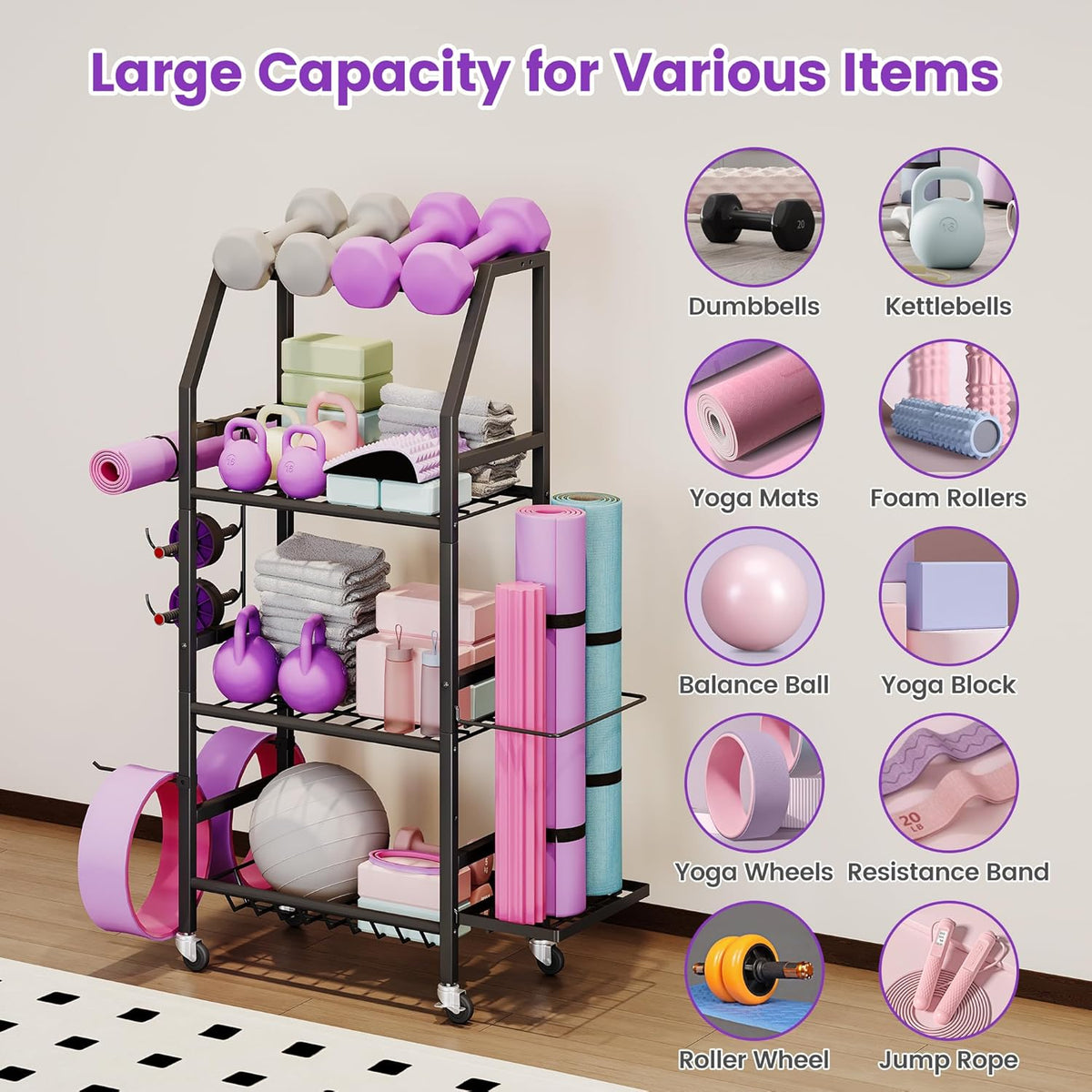 Dumbbell Rack, Weight Rack for Home Gym, Yoga Mat Storage Holder with Lockable Wheels, Dumbbell Stand with Hooks, All in One Work out Equipment Storage for Yoga Mat Dumbbell and Balls