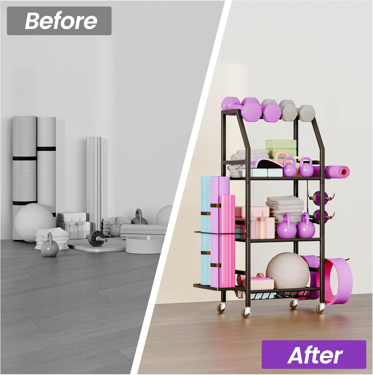 Dumbbell Rack, Weight Rack for Home Gym, Yoga Mat Storage Holder with Lockable Wheels, Dumbbell Stand with Hooks, All in One Work out Equipment Storage for Yoga Mat Dumbbell and Balls