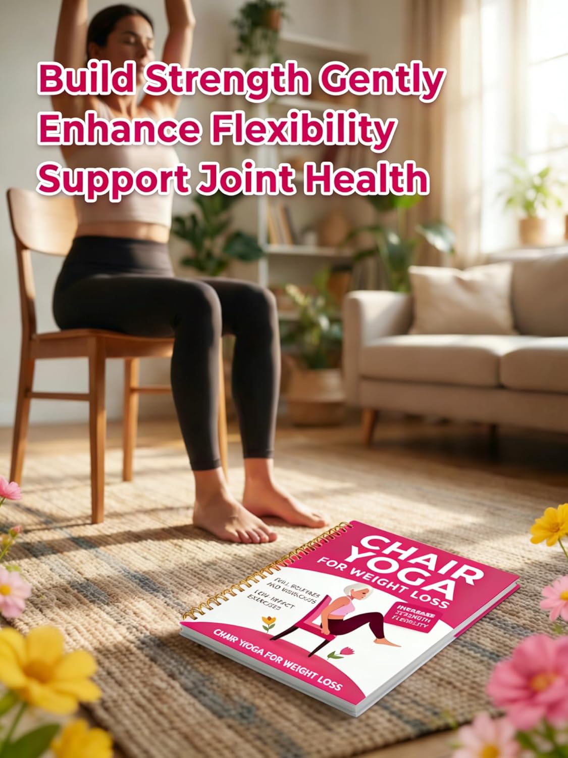 Chair Yoga for Seniors Over 60 Book, Pink Cover Exercise Guide with Chart, Gentle Chair Poses for Weight Loss, Balance and Mobility for Elderly Women