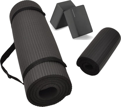 All Purpose 1/2-Inch Extra Thick High Density Anti-Tear Exercise Yoga Mat and Knee Pad with Carrying Strap and Optional Yoga Blocks, Multiple