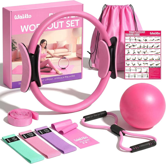 Home Pilates Kit for Women,Pilates Ring Set with Magic Circle,Resistance Bands,Figure 8 Workout Bands,Mini Ball, Compact Toning Fitness Essentials Starter Set Accessories Gift