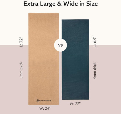 Cork Yoga Mat, Non Slip, 72 x 24 Inch, 3mm Thick