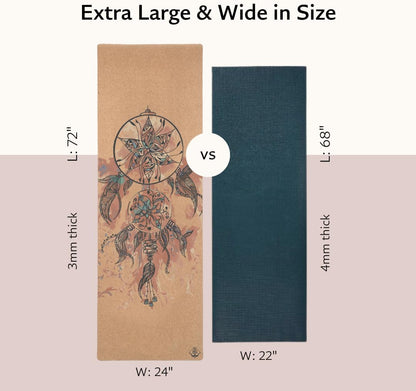 Cork Yoga Mat, Non Slip, 72 x 24 Inch, 3mm Thick