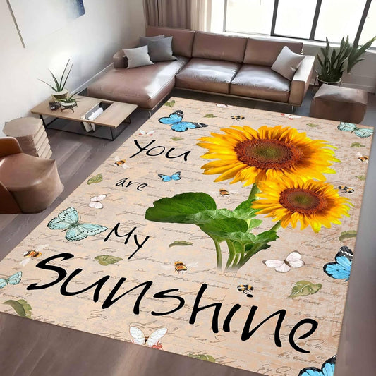 You are My Sunshine Sunflower Area Rug 6x8ft Beautiful Bee Butterfly Rug Indoor Low Pile Non-Shedding Carpet for Contemporary Retro Living Room Bedroom Yoga Mat Washable Non-Slip Rugs