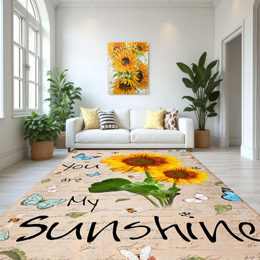 You are My Sunshine Sunflower Area Rug 6x8ft Beautiful Bee Butterfly Rug Indoor Low Pile Non-Shedding Carpet for Contemporary Retro Living Room Bedroom Yoga Mat Washable Non-Slip Rugs