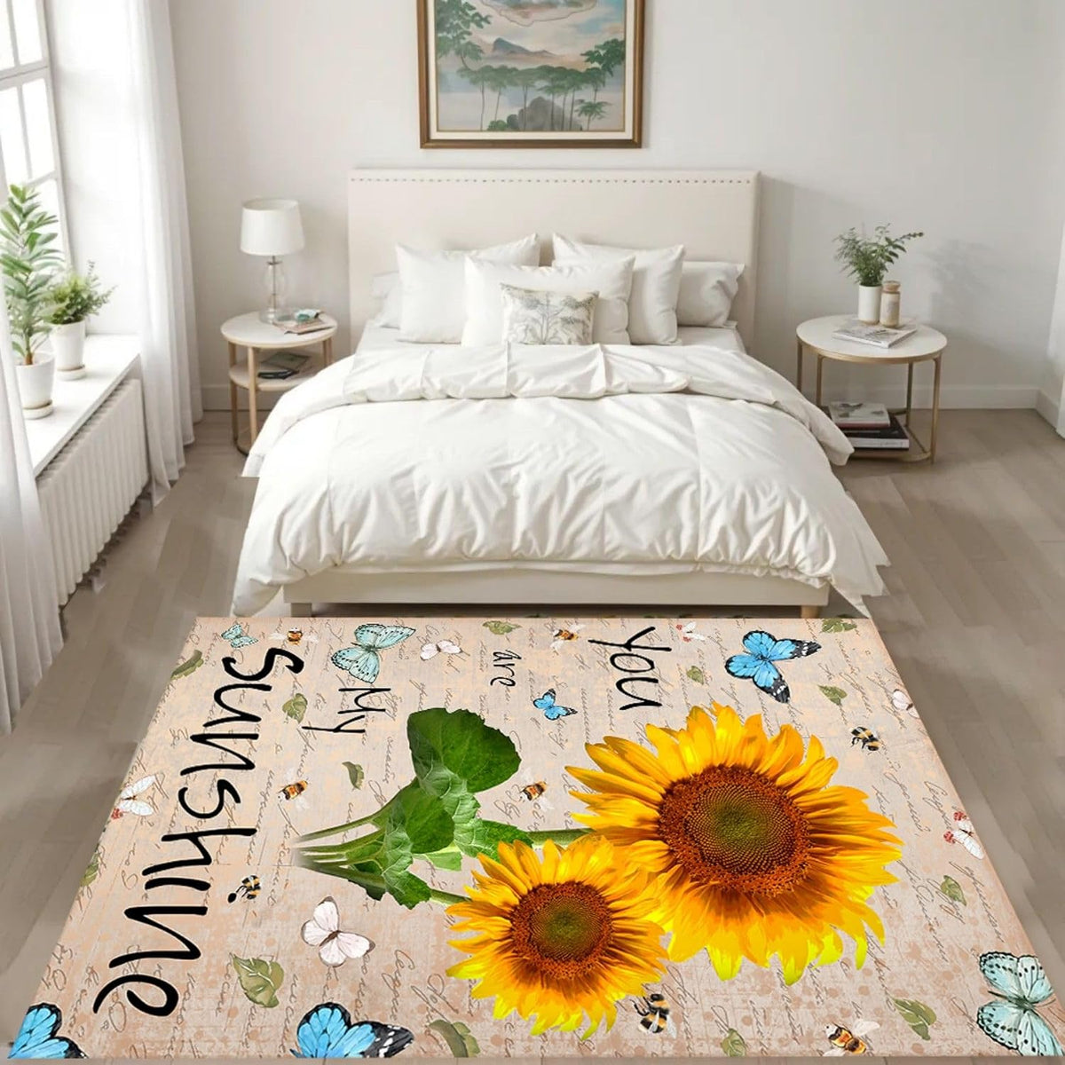 You are My Sunshine Sunflower Area Rug 6x8ft Beautiful Bee Butterfly Rug Indoor Low Pile Non-Shedding Carpet for Contemporary Retro Living Room Bedroom Yoga Mat Washable Non-Slip Rugs