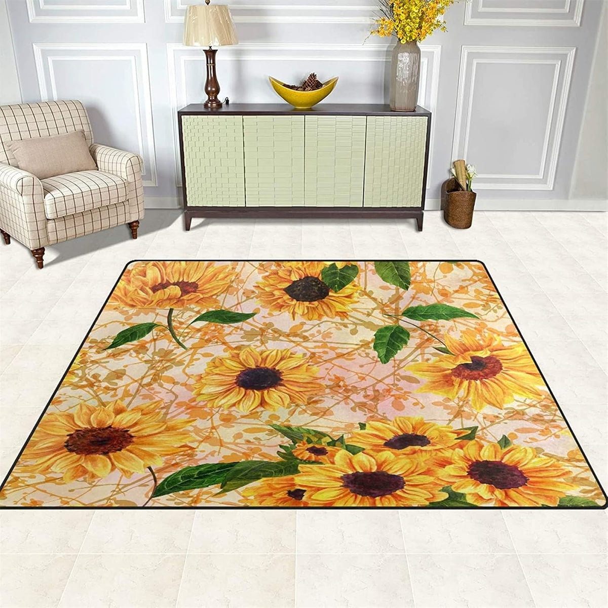 You are My Sunshine Sunflower Area Rug 6x8ft Beautiful Bee Butterfly Rug Indoor Low Pile Non-Shedding Carpet for Contemporary Retro Living Room Bedroom Yoga Mat Washable Non-Slip Rugs