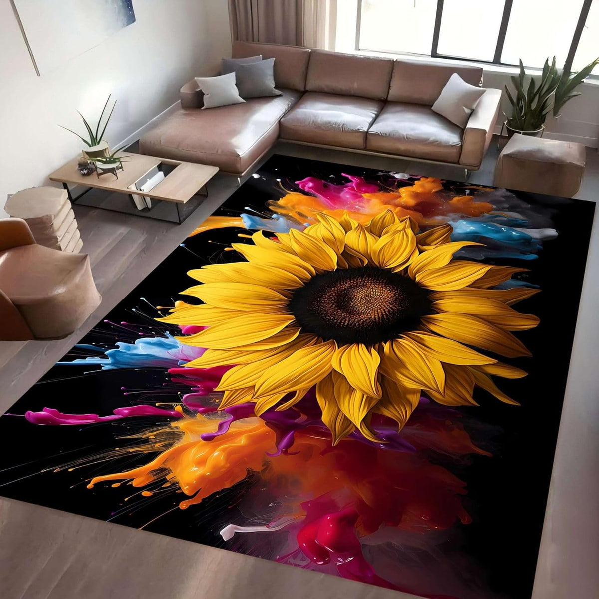 You are My Sunshine Sunflower Area Rug 6x8ft Beautiful Bee Butterfly Rug Indoor Low Pile Non-Shedding Carpet for Contemporary Retro Living Room Bedroom Yoga Mat Washable Non-Slip Rugs