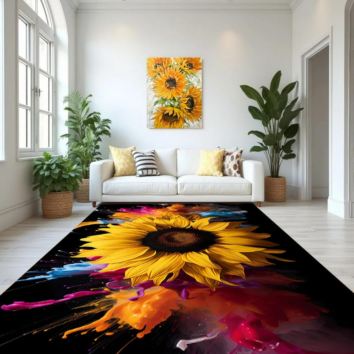 You are My Sunshine Sunflower Area Rug 6x8ft Beautiful Bee Butterfly Rug Indoor Low Pile Non-Shedding Carpet for Contemporary Retro Living Room Bedroom Yoga Mat Washable Non-Slip Rugs