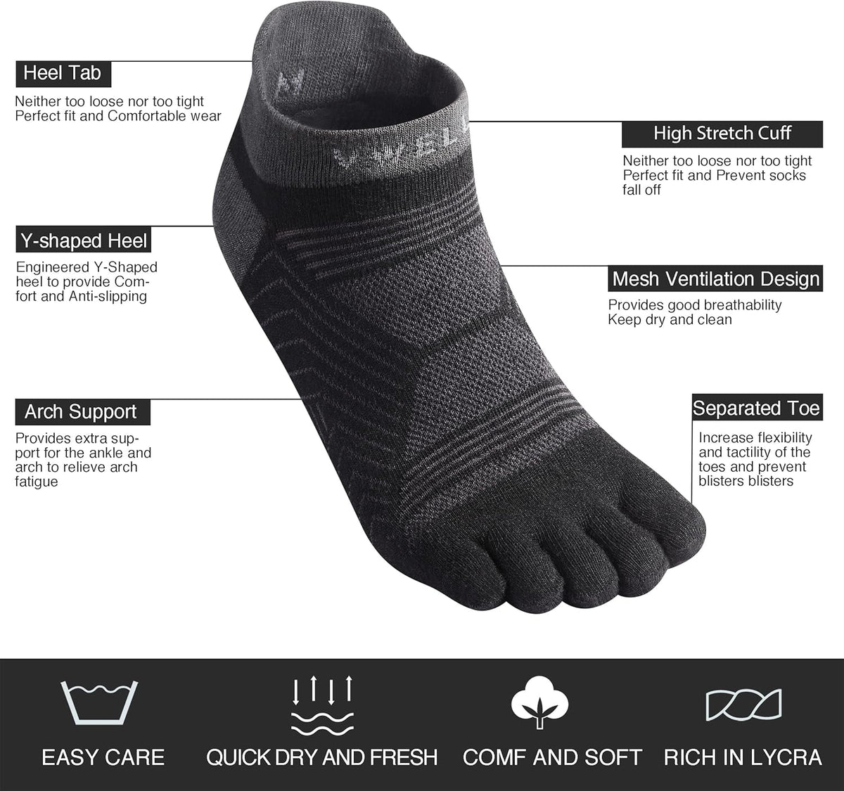 Toe Socks for Men/Women, COOLMAX Five Finger Socks, High Performance Athletic Toe Socks No Show (3Pairs)