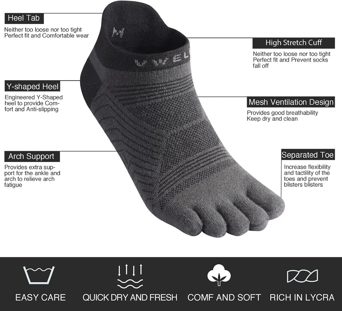 Toe Socks for Men/Women, COOLMAX Five Finger Socks, High Performance Athletic Toe Socks No Show (3Pairs)