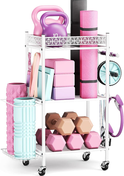 Home Gym Storage Rack, 3-Tier Yoga Mat Storage with Wheels & Hooks