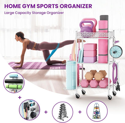 Home Gym Storage Rack, 3-Tier Yoga Mat Storage with Wheels & Hooks
