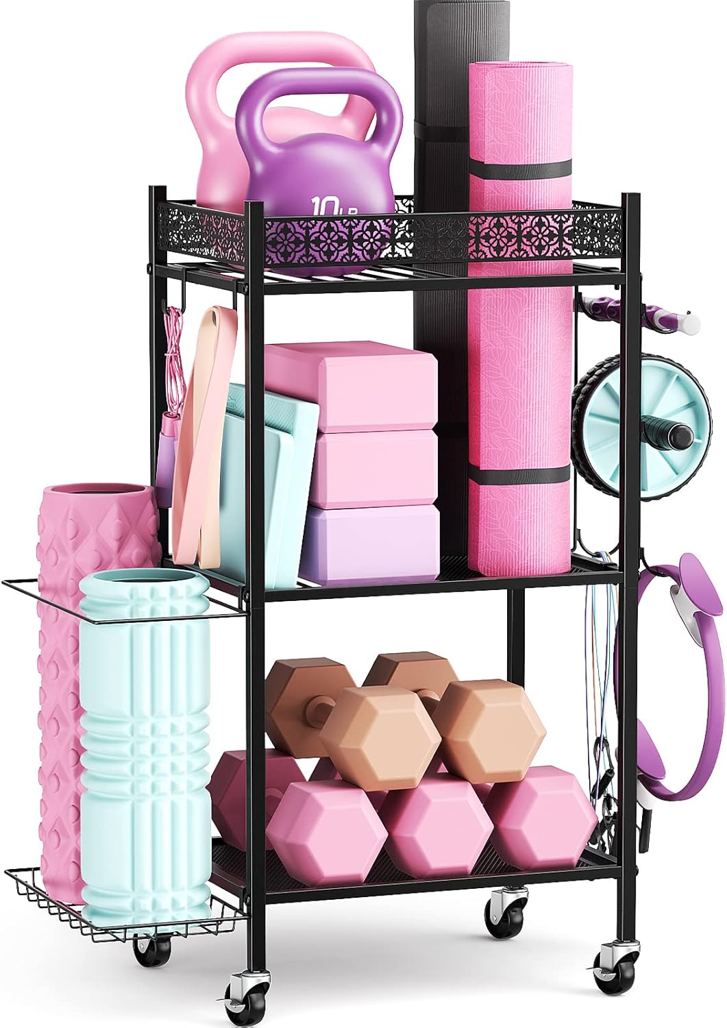 Home Gym Storage Rack, 3-Tier Yoga Mat Storage with Wheels & Hooks