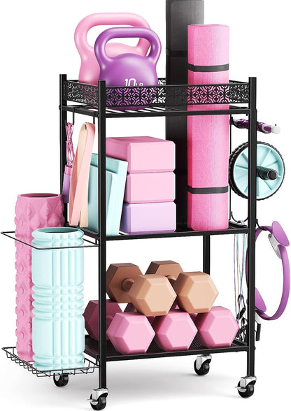 Home Gym Storage Rack, 3-Tier Yoga Mat Storage with Wheels & Hooks
