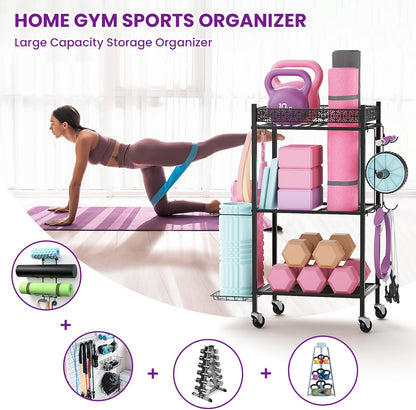 Home Gym Storage Rack, 3-Tier Yoga Mat Storage with Wheels & Hooks