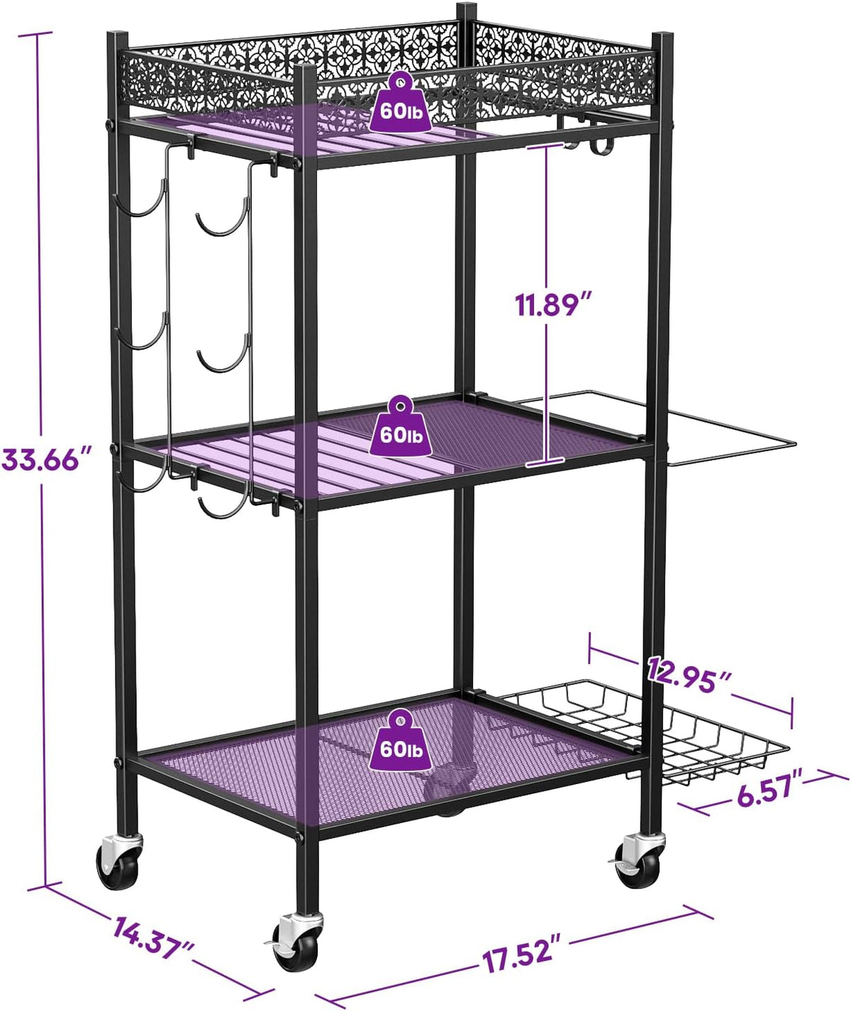 Home Gym Storage Rack, 3-Tier Yoga Mat Storage with Wheels & Hooks