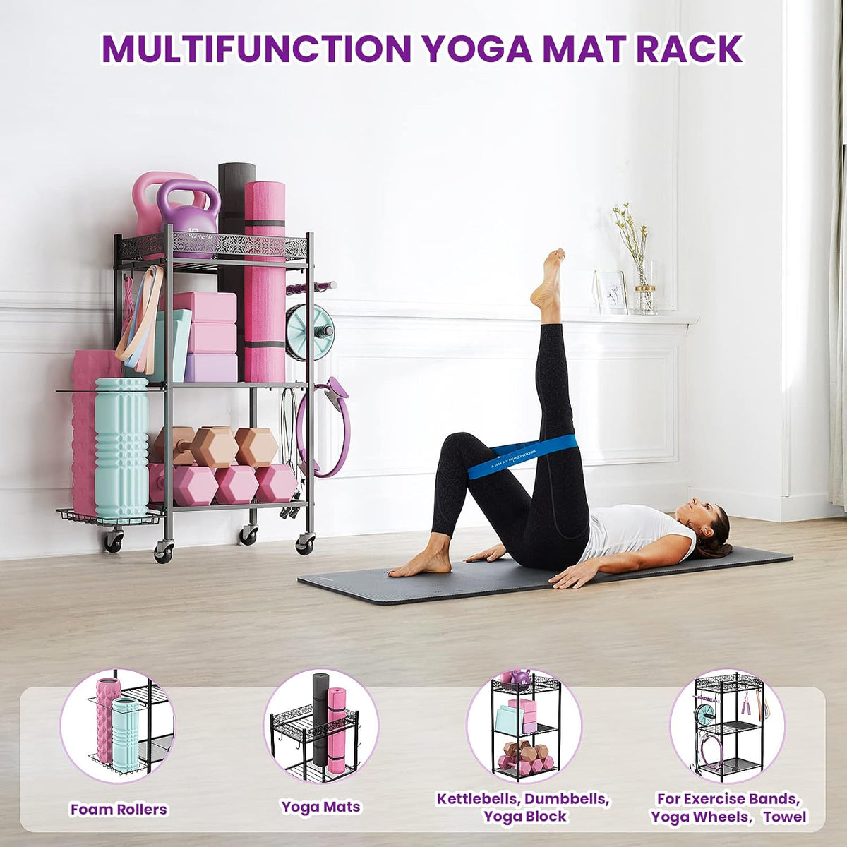 Home Gym Storage Rack, 3-Tier Yoga Mat Storage with Wheels & Hooks