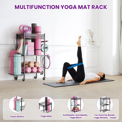 Home Gym Storage Rack, 3-Tier Yoga Mat Storage with Wheels & Hooks