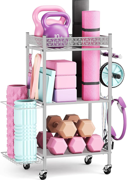 Home Gym Storage Rack, 3-Tier Yoga Mat Storage with Wheels & Hooks