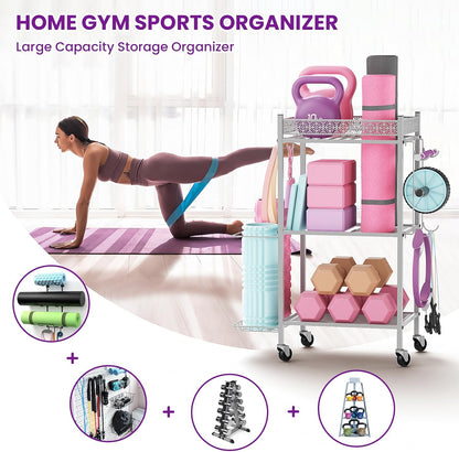 Home Gym Storage Rack, 3-Tier Yoga Mat Storage with Wheels & Hooks