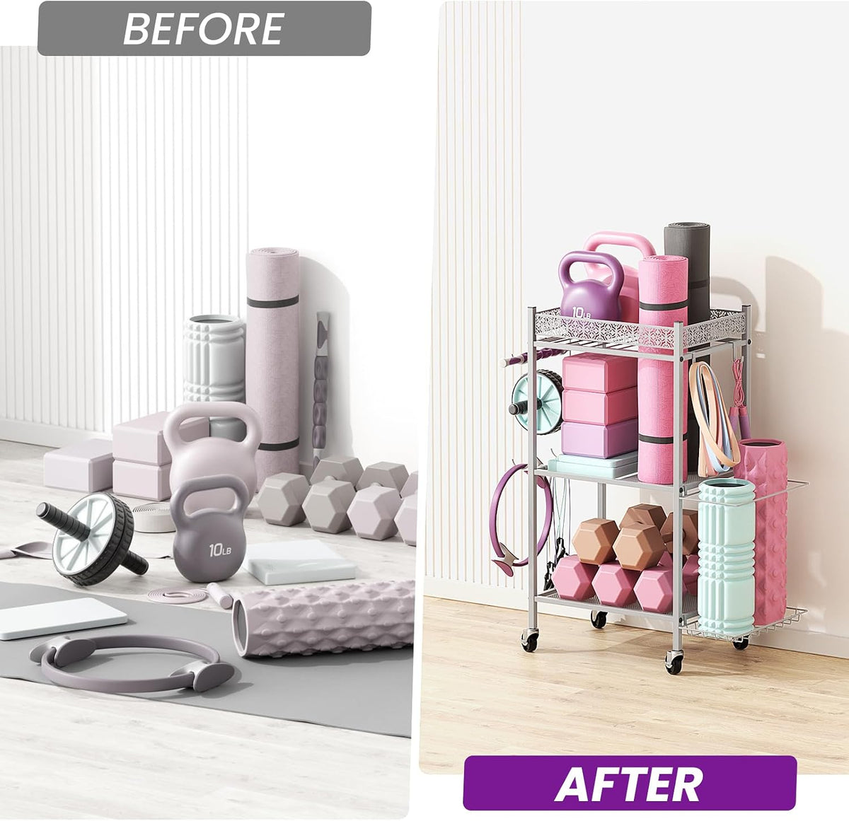 Home Gym Storage Rack, 3-Tier Yoga Mat Storage with Wheels & Hooks