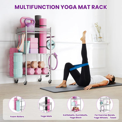 Home Gym Storage Rack, 3-Tier Yoga Mat Storage with Wheels & Hooks