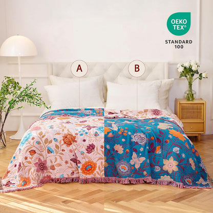 Boho Throw Blanket - 100% Cotton Soft Summer Throw Blanket for Bed, 50"x60" Reversible Breathable Lightweight Blankets, All Seasons Farmhouse Decor Floral Plant Butterfly Throw Quilt