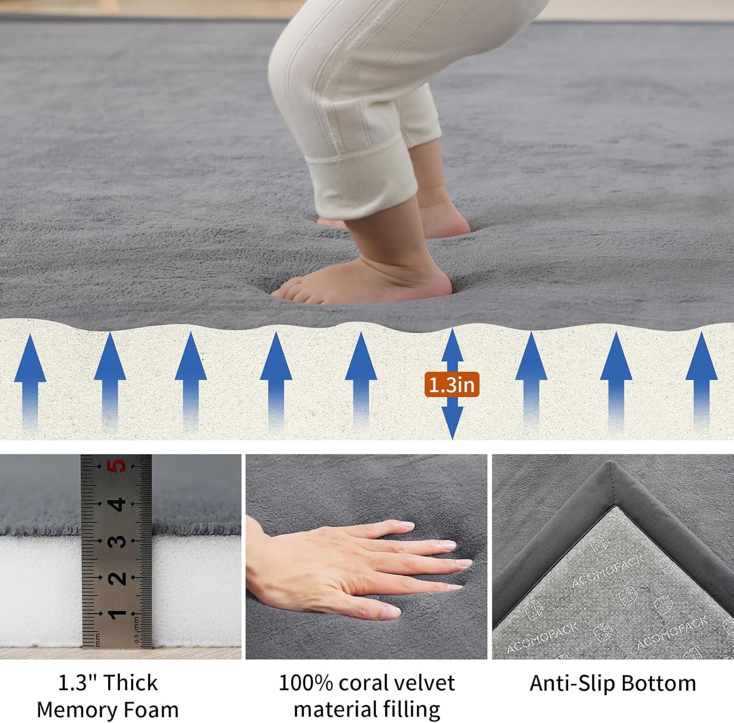 ACOMOPACK Baby Play Mat for Floor,1.3" Thick Memory Foam Area Rug for Living Room,Soft Velvet Crawling with Non-Slip Bottom for Kid,Toddler,39"×59" Tummy Time Nursery Rugs,Yoga（Light Grey）
