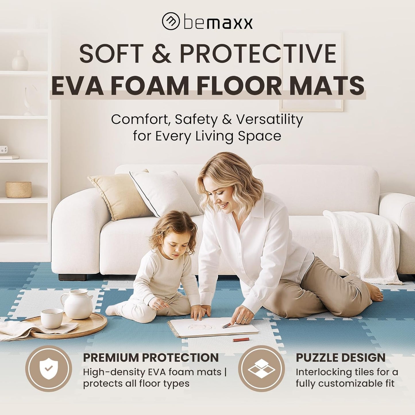 bemaxx Gym Mats Set - 18 pcs EVA Interlocking Foam Floor Tiles (12.6"x12.6"x0.4") 18sqft Protective Gym Flooring Sports Home Workout Exercise Mats Puzzle Garage Fitness Play-Room Pool Treadmill Bike